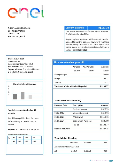 Download Brazil ENEL electricity business utility bill template in Word and PDF format Photoshop template